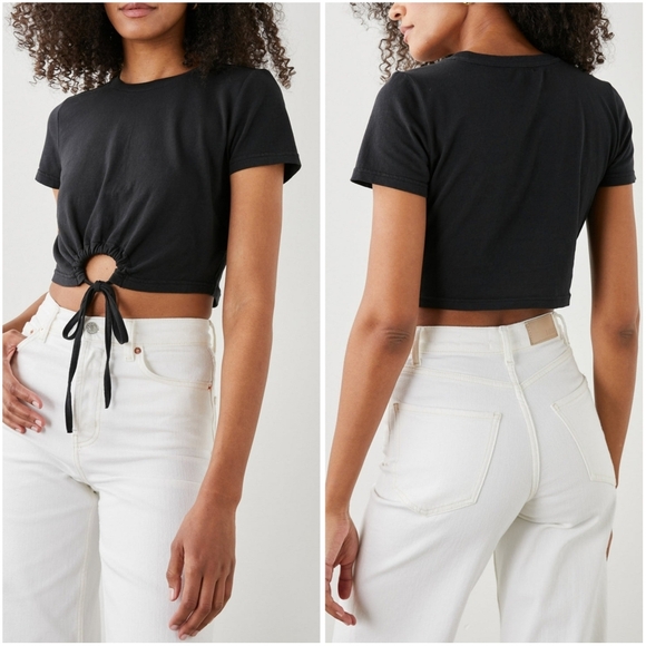 New Rails Zena Drawstring Keyhole Cropped Crewneck Tee Black Medium - Picture 2 of 9